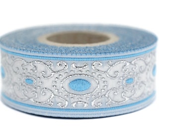 22 mm blue/white authentic Jacquard ribbon (0.86 inches), woven ribbon, authentic ribbon, Sewing, Scroll Jacquard trim, ribbon trim, 22805