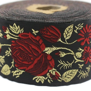 50 mm 赤/黒の花柄ジャカードトリム、1.96 インチ、バラの刺繍リボン、装飾クラフトリボン、ジャカードリボントリム、タオルトリム、50089