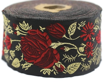 50 mm Red / Black Floral Jacquard trim, 1.96 inches, rose embroried Ribbon, Decorative Craft Ribbon, Jacquard Ribbon Trim, towel trim, 50089