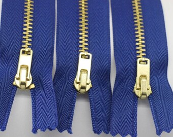 5 Pcs Blue Metal zippers with Gold brass teeth, 18-100cm (7-40inches) zipper, Jean Zipper, dress zipper, lightweight zipper, teeth zip, MTZF
