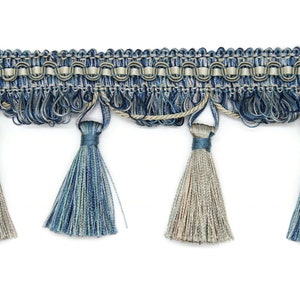 95 mm Tassel Fringe Trim Blue, 3.74 inches, Gimp Header, By The Yard, Drapery trim, Fringe for Drapery, Tassel trim, Curtain Trim