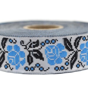 25 mm Blue White Rose Ribbon (0.98 inch), Geometric trim, jacquard trim, fabric trims, craft supplies, vintage trim, Jacquard ribbons, 25987