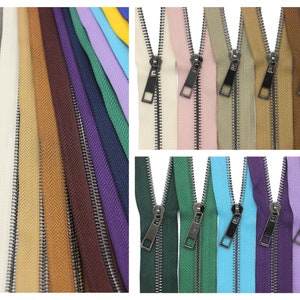 Cremalleras metálicas con dientes de latón negro metálico, punta n.° 5, 18-100 cm, 7-40 inc., cremalleras para bolsos, cremalleras para vestidos, cremalleras, cremalleras ligeras, cremalleras para carteras MTZF