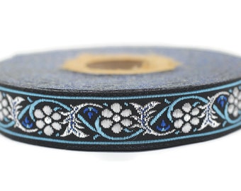 16 mm Bavarian spring time floral Blue Jacquard trim (0.62 inch), floral ribbon, Tapes, Band, Jacquard ribbons, Ruban, French Ribbon, 16904