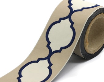 Beige - Navy Blue 68 mm Jacquard Ribbons (2.67 inch), Banding for your Drapery, Upholstery, Pillows, Home Decor, Drapery Trim Tape 186 V4
