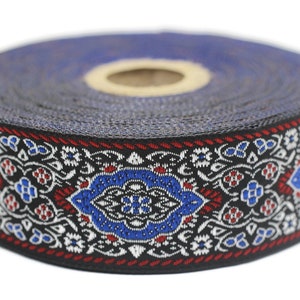 Blue Medieval Motive Woven Border, Jacquard Ribbon Trim (1.37 inches), 35 mm Upholstery ribbon trim, Drapery Making, Sewing Trim 35589