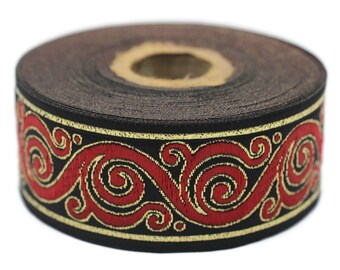 35 mm Red&Black Celtic Snail Jacquard Ribbon Trim (1.37 inches), Woven Border, Upholstery Fabric, Drapery Ribbon Trim Costume Design 35221
