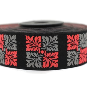 25 mm Neon Pink Gray Square Ribbons (0.98 inches), Geometric trim, jacquard trims, craft supplies, vintage trim, jacquard ribbons, 25705