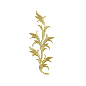 May include: Gold-coloured embroidered floral design with intricate details, resembling a stylised branch with leaves.