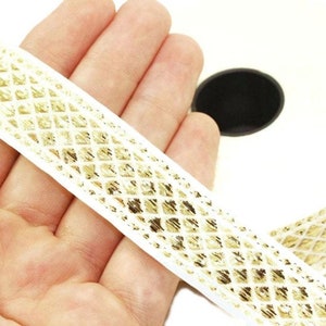 25 mm Cream Golden Geometric ribbon (0.98 inches), Jacquard trim, Sewing, Jacquard ribbon, Trim, golden ribbon, embroidered ribbon, 25001
