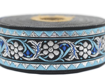 35 mm Bavarian spring time floral Blue Jacquard trim (1.37 inches), floral ribbon, Tapes, Band, Jacquard ribbon, Ruban, Ribbons, 35904