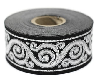 Bordure en ruban jacquard escargot celtique argenté et noir (1,37 pouce), bordure tissée, tissu d'ameublement, bordure en ruban pour tenture, conception de costumes 35221