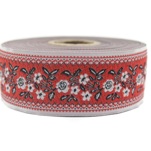 35 mm Red&White Floral Embroidered ribbon (1.37 inches), trim for sewing, Floral ribbon, Sewing trim, Jacquard trim, Jacquard ribbon, OZV