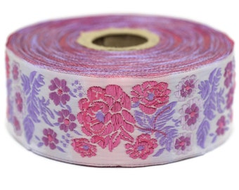 35 mm Pink Floral Embroidered ribbon (1.37 inches), Sewing trim, Floral ribbon, Woven Trims, Jacquard trim, Jacquard ribbon, 35097