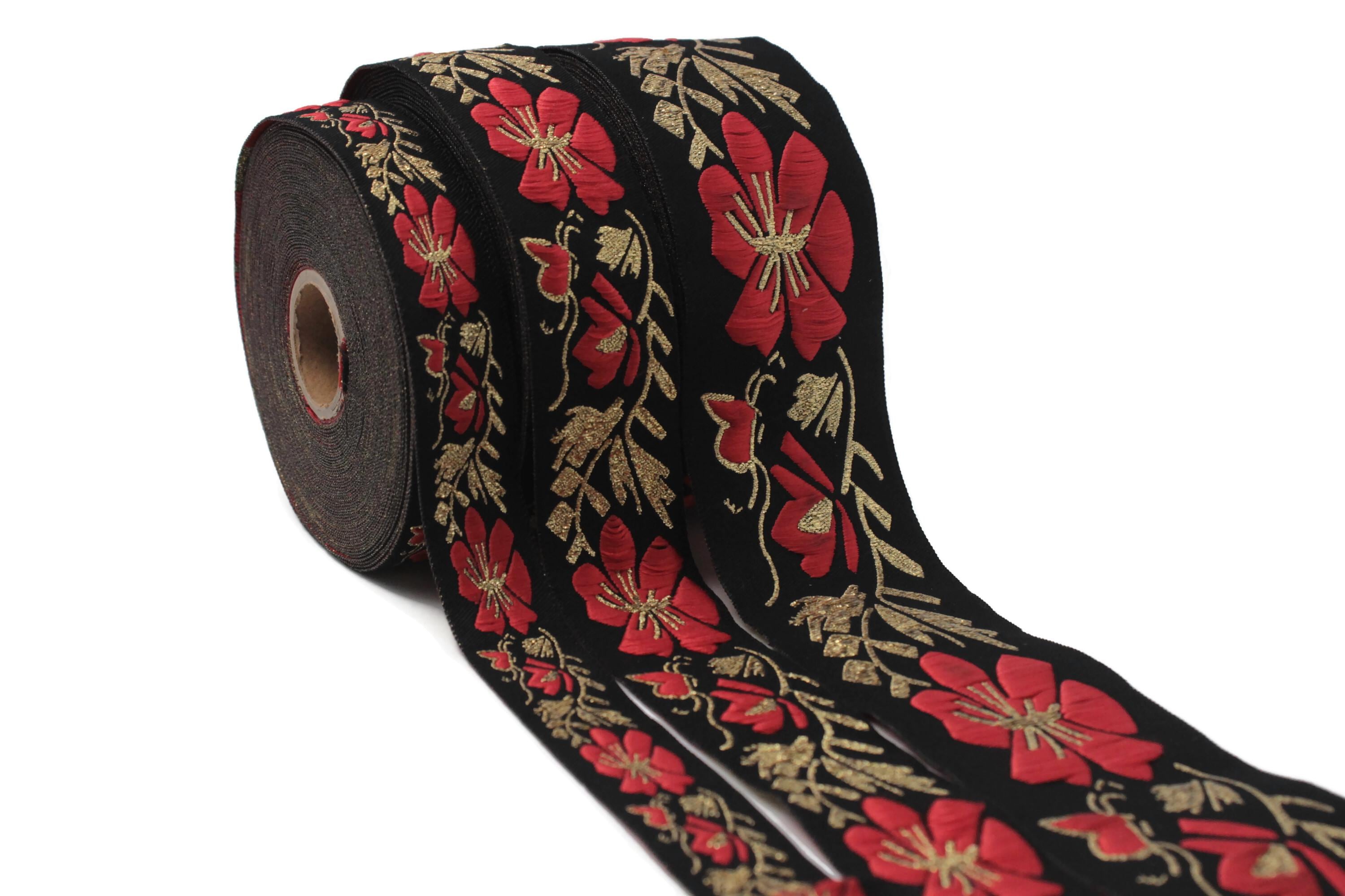 Floral Jacquard Ribbon Trim, Black Red Gold Embroidered 