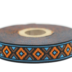 16 mm blå och orange geometrisk diamantjacquardkant (0,62 tum), dekorativt hobbyband, sömnadskant, jacquardband, vävda band, 16914
