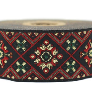35 mm Red/Green Geometric Ribbon, (1.37 inch), Geometric trim, jacquard trim, fabric wide trims, craft trim by the yard, vintage trim, 35975