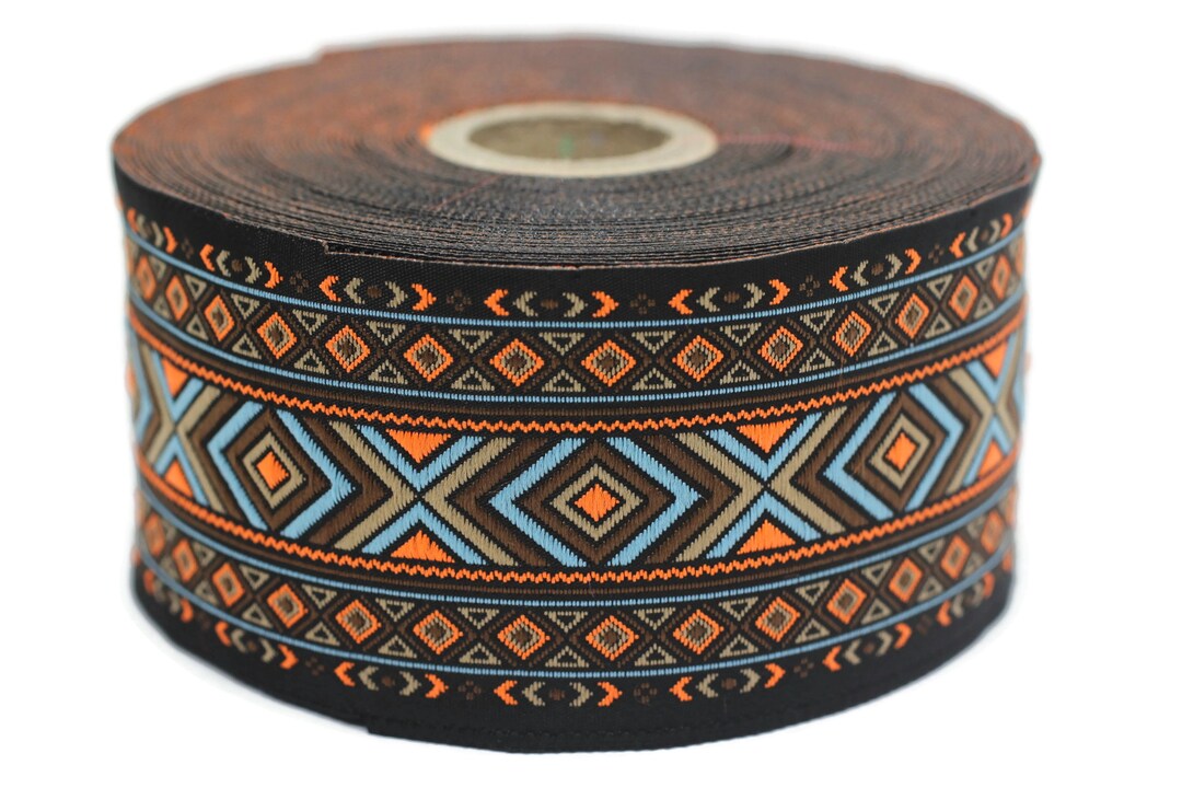 50 Mm Blue&orange African Motif Ribbon (1.96 Inches), Vintage Jacquard ...