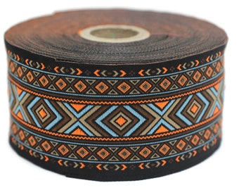 50 mm Blue&Orange African Motif Ribbon (1.96 inches),  Vintage Jacquard, African Pattern Ribbon, Sewing Trim, Huge Trim, Large ribbon, 50995