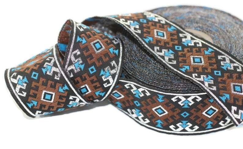 Trim 0.98 inches Sewing Decorative Craft Ribbon 25953 vintage Ribbon 25 mm BrownLight Blue Snowy Jacquard trim Jacquard ribbon