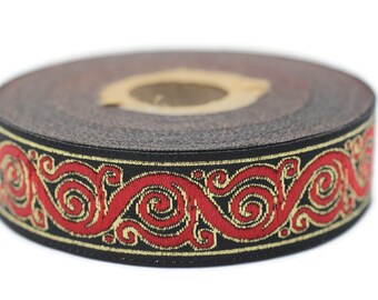 Bordure en ruban jacquard escargot celtique rouge et noir, 22 mm (0,86 po.), bordure tissée, tissu d'ameublement, bordure en ruban pour tenture, conception de costumes 22221
