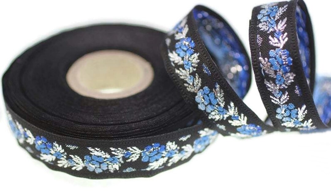 26 Mm Black Front Blue Floral Jacquard Ribbon (1.02 Inches