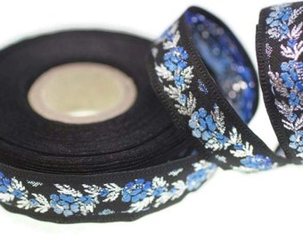 26 mm Black Front Blue Floral Jacquard ribbon (1.02 inches), Jacquard trim, Balkans Decorative Ribbon, Sewing Trim, Collar Trim, 26011