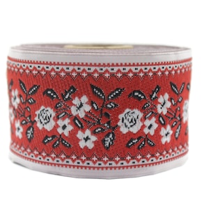 50 mm Red&White Floral Embroidered Ribbon, Woven Trim 1.96 inch, Jacquard Ribbon, Woven Ribbon, Jacquard Border Trim,  OZV