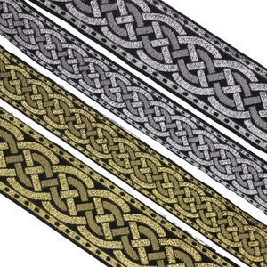Metallic Gold and Silver Leprechaun Trim | Celtic Woven Border | Embroidered Woven Trimming | Jacquard Ribbon | Upholstery Fabric | CNK12