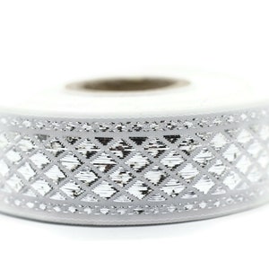 25 mm White Silver Geometric ribbon (0.98 inc) Jacquard trim, Sewing, Jacquard ribbon, Trim, silver ribbon, embroidered ribbon, ribbon 25001