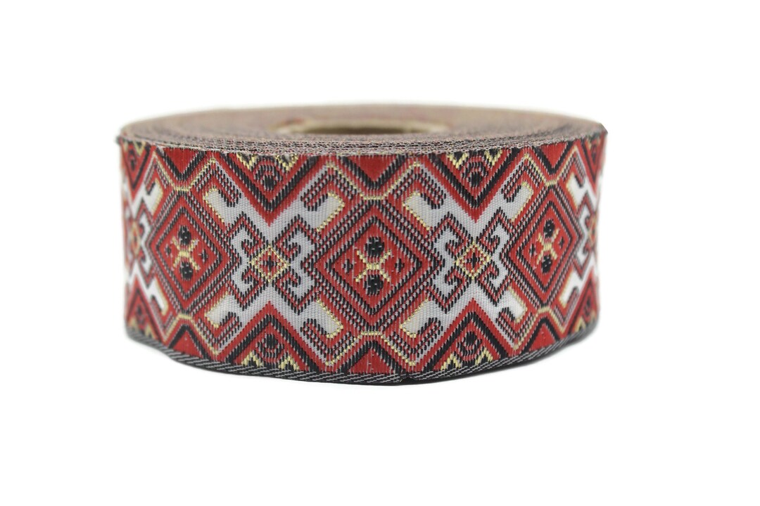 35 Mm Red/white Geometric Ribbon, Jacquard Ribbon (1.37 Inches ...