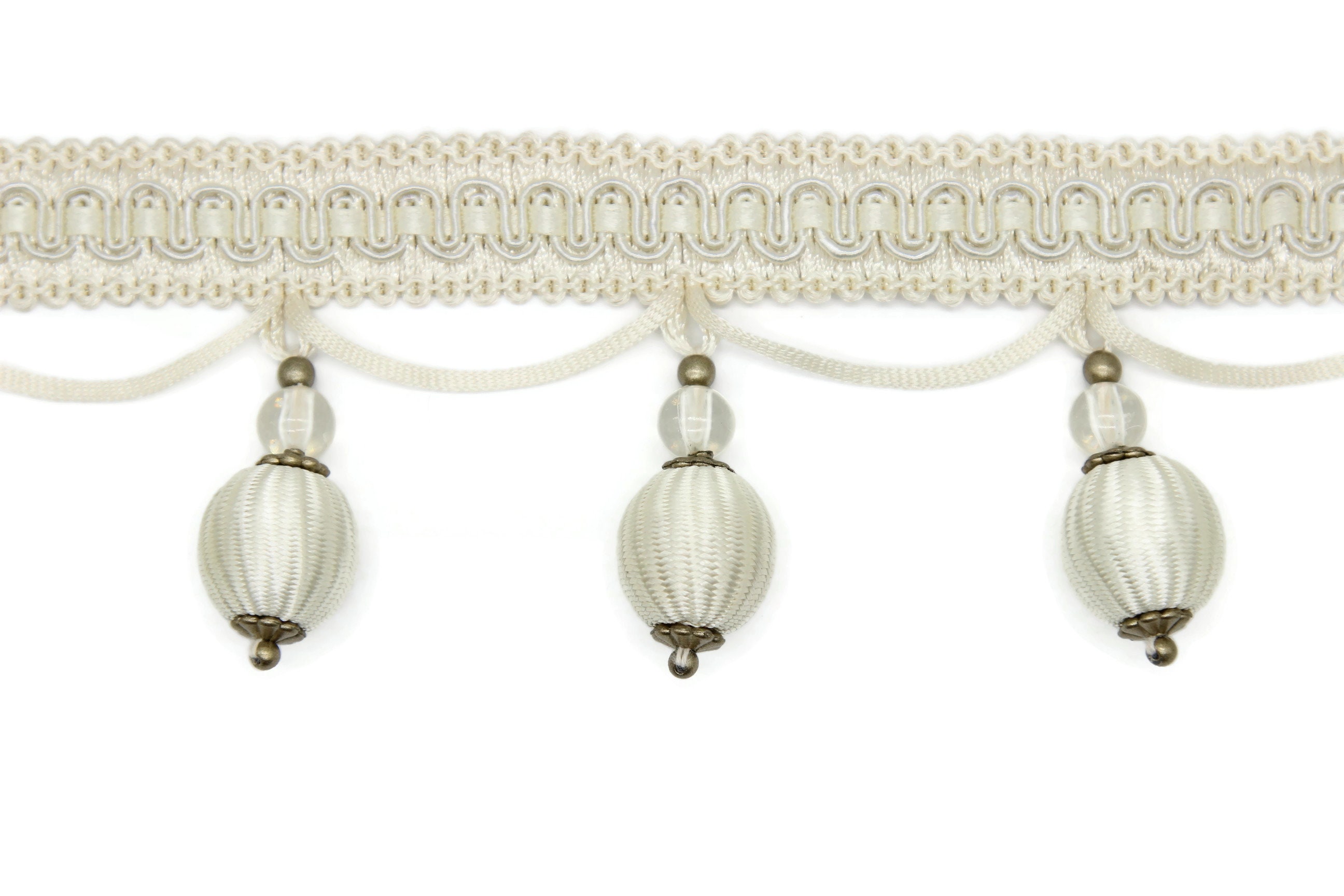 4.5 Pom Pom Crystal Beaded Tassel Fringe Trim - Beige & Cream (Sold By Yard)