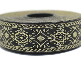 25 mm Black Yellow jacquard ribbons (0.98 inches),  Vintage ribbon, geometric ribbon, dog collar supplies, ribbon trim, 25948