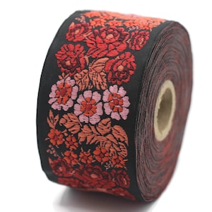 50 mm Red and Black Floral Embroidered Ribbon, Woven Trim 1.96 inch, Jacquard Ribbon, Woven Ribbon, Jacquard Border Trim,   50097