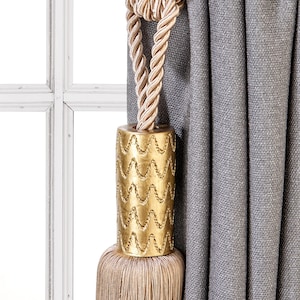 Drapery Tassel Tiebacks, Brown curtain Holdbacks, Rope Tiebacks, Curtain hardware, Tassel Length 12.6&quot; , Spread 38&quot; (96cm)