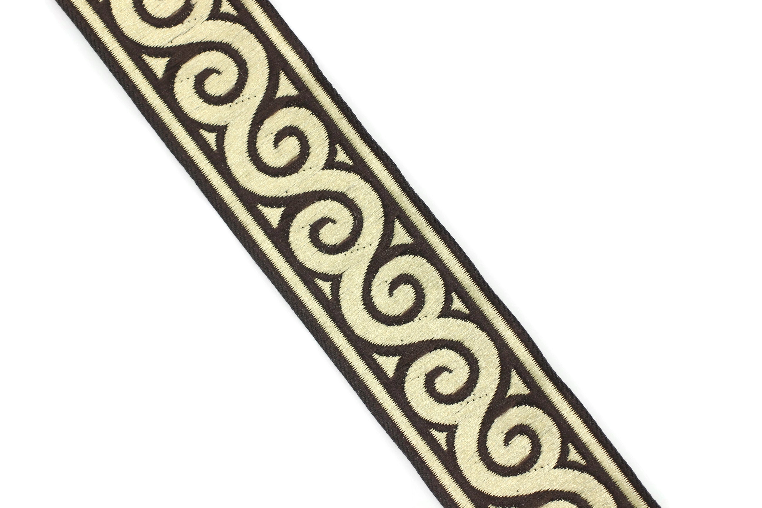 Ruban Jacquard Tissé – Motif élégance Mosaïque – 35 Mm X 10 M – Crème Et Marron – Pour Couture Et Déco