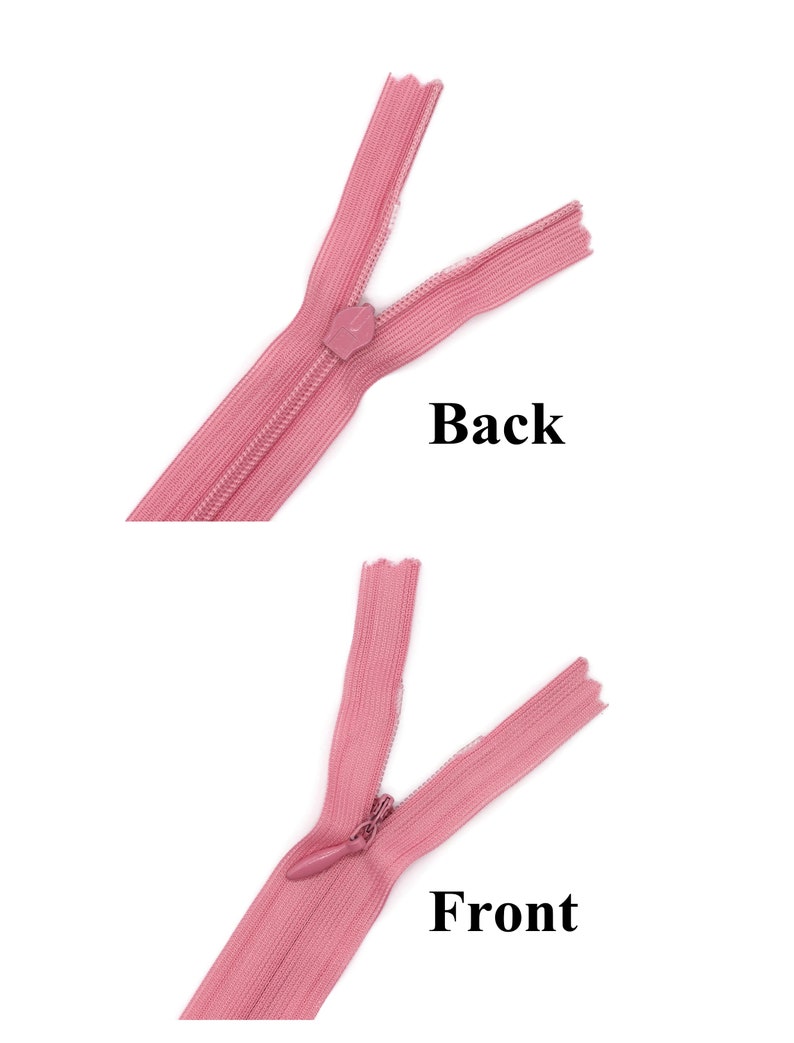 May include: A pink zipper with a plastic slider. The zipper is shown from both the front and back. The words "Front" and "Back" are written below each image.