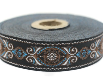 Garnitures Jacquard bleu et brun de 25 mm (0,98 pouce), jacquard, ruban décoratif d’artisanat, garniture à coudre, garniture tissée, ruban brodé, 25950