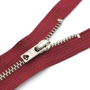 5 Pcs Claret Red Metal zippers with brass teeth, Tip #4, 18 cm (7 inches) zipper, Jean Zipper, dress zipper, lightweight zipper, teeth zip