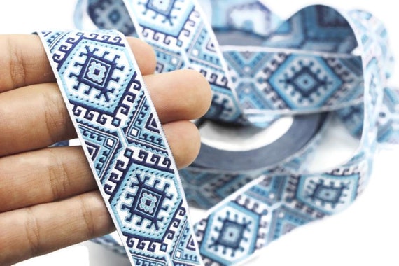 Trim 0.98 inches Sewing Decorative Craft Ribbon 25953 vintage Ribbon 25 mm BrownLight Blue Snowy Jacquard trim Jacquard ribbon