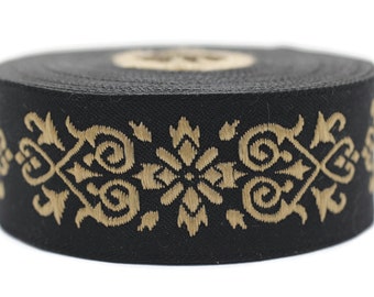 35mm Golden-Black Victorian Jade Jacquard Ribbon 1.37 inch | Embroidered Bordure | Fabric Tapestry for Embellishment Craft Home Decor |35271