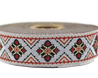 Ruban jacquard géométrique rouge/blanc de 25 mm (0,98 pouce), ruban décoratif d’artisanat, garniture à coudre, garniture tissée, ruban brodé, 25943