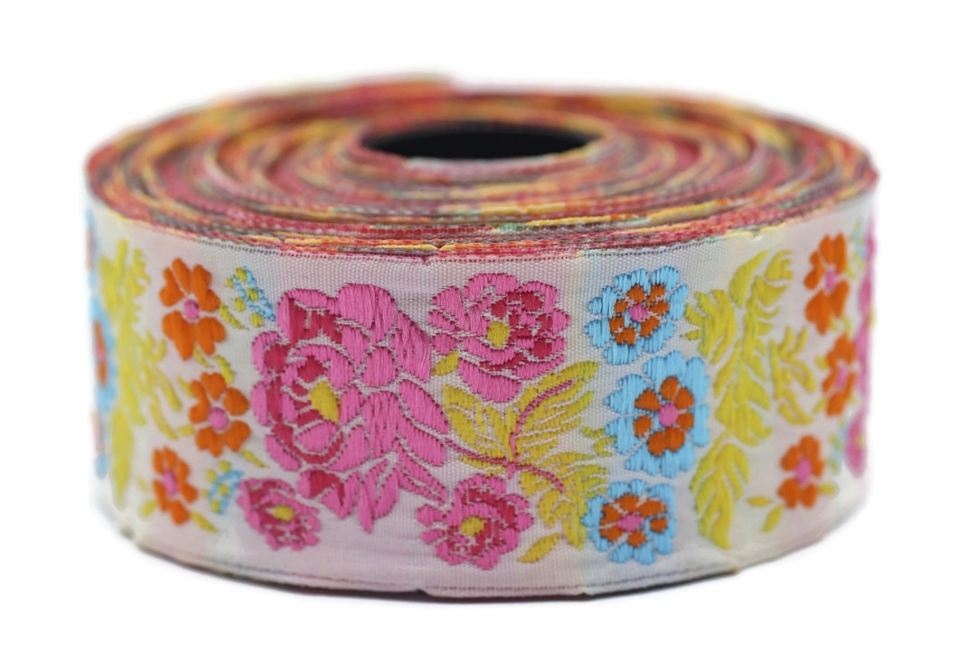 35 Mm Colorful Floral Embroidered Ribbon (1.37 Inches), Vintage