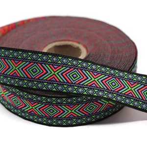 0.98 inches Forest Green Hippie Motif Ribbon Jacquard Ribbon Woven Trim Home Decor and Costume Trims 25995