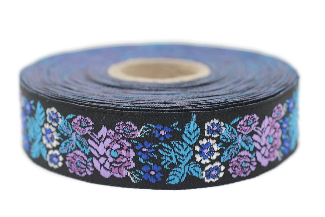 22mm Blue/black Floral Embroidered Ribbon 0.86 Inches, Vintage Jacquard ...