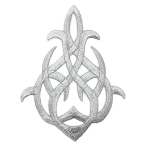 May include: Silver embroidered patch with a decorative, intricate design. The design features a series of overlapping curves and loops, creating a complex and visually appealing pattern.