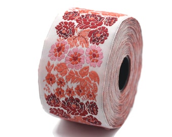 50 mm Red Floral Embroidered Ribbon Sewing Trim Craft Ribbon Jacquard Trim, Woven Trim Border 50097