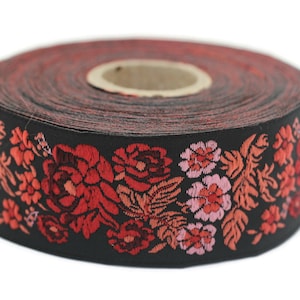 35 mm Red/Black Floral Embroidered ribbon (1.37 inches), trim for sewing, Floral ribbon, Sewing trim, Jacquard trim, Jacquard ribbon, 35097