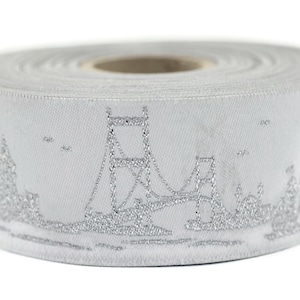 35 mm Silver Istanbul Embroidered Jacquard Ribbon (1.37 inches), Woven Border, Upholstery Fabric, Drapery Ribbon Trim Costume Design 35079