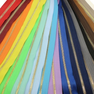 Cremalleras de metal con dientes de latón dorado, punta n.° 5, 18-100 cm (7-40 inc.), cremalleras para bolsos, cremalleras para vestidos, cremalleras, cremalleras ligeras, cremalleras para bolsos MTZF
